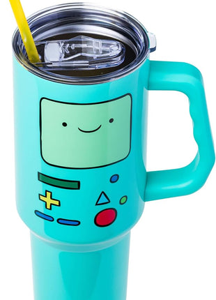 Silver Buffalo Adventure Time Featuring BMO Stainless Steel Tumbler with Handle and Straw, Fits in Standard Cup Holder, 40 Ounces