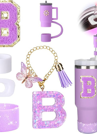 Mity rain 6PCS Cup Accessories Set for Stanley Cup 30oz 40oz tumbler with handle, Including Silicone Straw Topper Cover Cap and Boot, Spill Proof Stopper, Handle Charm, Initials Sticker (Letter B)