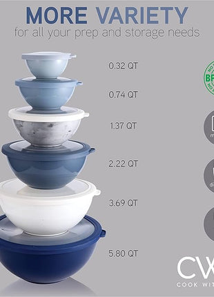 COOK WITH COLOR Mixing Bowls with TPR Lids - 12 Piece Plastic Nesting Bowls Set includes 6 Prep Bowls and 6 Lids, Microwave Safe Mixing Bowl Set (Blue and White)