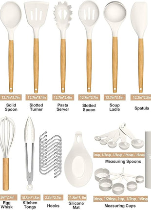 Umite Chef Kitchen Cooking Utensils Set, 33 pcs Non-stick Silicone Cooking Kitchen Utensils Spatula Set with Holder, Wooden Handle Silicone Kitchen Gadgets Utensil Set (Cream White)