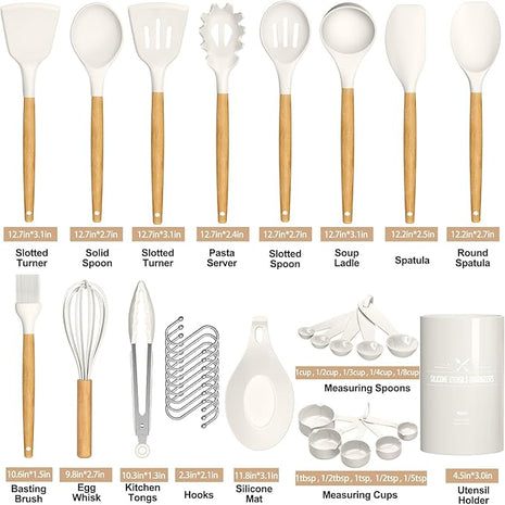 Umite Chef Kitchen Cooking Utensils Set, 33 pcs Non-stick Silicone Cooking Kitchen Utensils Spatula Set with Holder, Wooden Handle Silicone Kitchen Gadgets Utensil Set (Cream White)