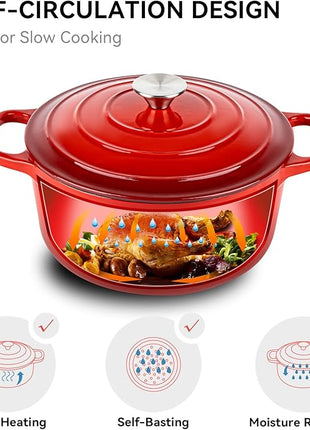 Miereirl 6 Quart Enameled Dutch Oven Pot with Lid, Cast Iron Dutch Oven with Dual Handles for Bread Baking, Cooking, Non-stick Enamel Coated Cookware (Red)