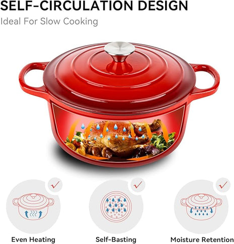 Miereirl 6 Quart Enameled Dutch Oven Pot with Lid, Cast Iron Dutch Oven with Dual Handles for Bread Baking, Cooking, Non-stick Enamel Coated Cookware (Red)