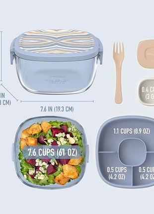 Bentgo Glass Prints All-in-One Salad Container - 61oz Tinted Glass Salad Bowl with Lid, Bento-Style Tray, Sauce Container, & Reusable Fork - Dishwasher & Microwave Safe (Wildly Chic - Soft Blue)