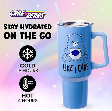Silver Buffalo Care Bears Grumpy Bear Like I Care Stainless Steel Tumbler with Handle and Straw, Fits in Standard Cup Holder, 40 Ounces