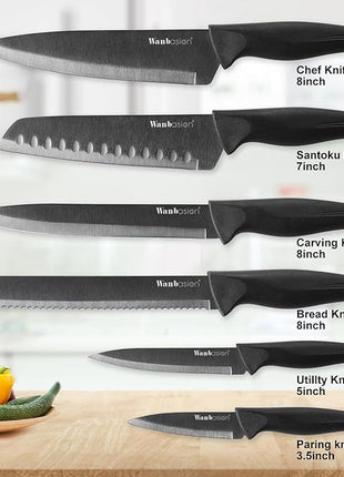 Wanbasion Black Stainless Steel Knife Set, Sharp Kitchen Knife Set Professional, Kitchen Knife Set Dishwasher Safe with Covers for Cooking