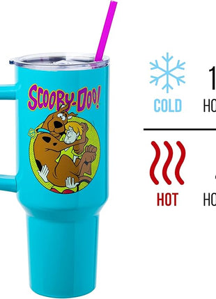 Silver Buffalo Scooby-Doo Featuring Scared Shaggy and Scooby Stainless Steel Tumbler with Handle and Straw, Fits in Standard Cup Holder, 40 Ounces