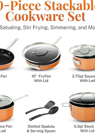 GOTHAM STEEL 10 Pc Copper Pots and Pans Set Non Stick Cookware Sets with Kitchen Utensils, Induction Ready, Non Toxic PFOA PFOS Free, Nesting Design for 50% Space Saving, Oven and Dishwasher Safe