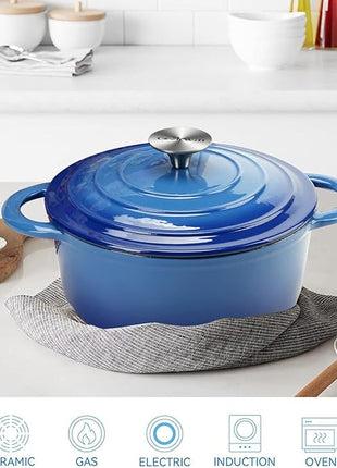 Dutch Oven 5 Quart Enameled Cast Iron Dutch Oven Pot with Self Basting lid Blue Heavy Duty Dutch Ovens Dual Handles Porcelain Enameled Cast Iron Pot Family or Friends Gifts