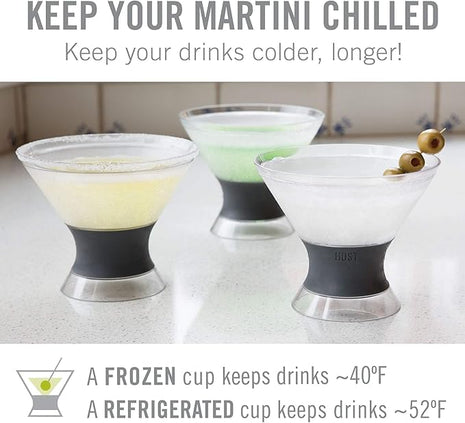 Host Freeze Insulated Martini Cooling Cups, Plastic Freezer Gel Chiller Double Wall Stemless Cocktail Glass Set of 2, 9 oz, Grey