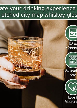 Greenline Goods Whiskey Glasses - 10 Oz Tumbler Gift Set for New Orleans lovers, Etched with New Orleans Map Old Fashioned Rocks Glass - Set of 2