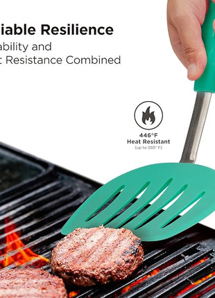 Kitchen Mama WaltzGrip Platinum Silicone Pancake Spatula Turner: Heat Resistant Flexible, Stainless Steel Core, Nonstick, Dishwasher Safe, Flipper – Ideal Kitchen Cookware for Eggs, Fish, Meat (Teal)