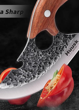 Huusk Knives, Viking Boning Knife for Meat Cutting, Small Ulu knives, Caveman Ultimo Knives Hand Forged Full Tang Knives for Kitchen or Camping Christmas Gift