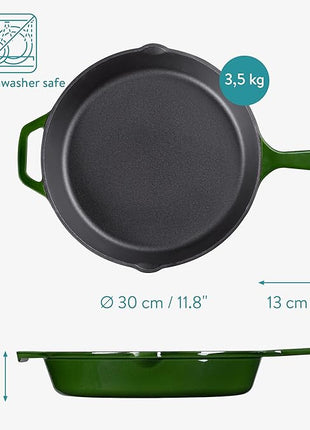 Navaris Enameled Cast Iron Skillet - 12" Frying Pan with Enamel Coated Finish - 12 inch Kitchen Cookware Fry Griddle for Stove Top and Oven - Green