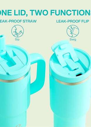 32 oz Tumbler with Handle and Straw: Stainless Steel Insulated Tumbler Keeps Cold for 24 Hours, Leakproof Travel Cup Fits in Cup Holder and BPA-Free,Aquamarine Blue