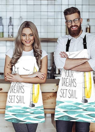 EKOBLA Let Your Dreams Set Sail Aprons Sailboat Seagull Sea Adventure Trip Wave Waterproof Resistant Chef Cooking Kitchen BBQ Adjustable Aprons for Women Men 27x31 Inch