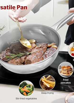 SUNHOUSE 11 Inch Tri-Ply Stainless Steel Frying Pan, Whole-Clad No Coatings Skillet with Stay-cool Handle for Cooking, Durable & Oven Safe to 500°F, Dishwasher Safe, Compatible with All Cooktops