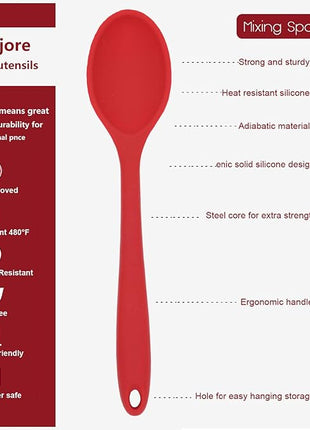 2 Pcs Silicone Spoons for Cooking Heat Resistant, Hygienic Design Cooking Utensi Mixing Spoons for Kitchen Cooking Baking Stirring Mixing Tools (Red)