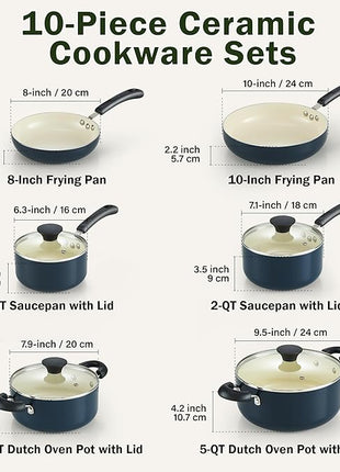 Cook N Home Pots and Pans Set Nonstick, 10-Piece Ceramic Kitchen Cookware Sets, Nonstick Cooking Set with Saucepans, Frying Pans, Dutch Oven Pot with Lids, Blue