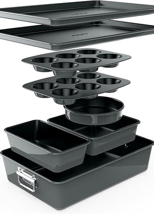 NutriChef 8-Piece Nonstick Stackable Bakeware Set - PFOA, PFOS, PTFE Free Baking Pans Set w/Non-Stick Coating, 450°F Oven Safe, Round Cake, Loaf, Muffin, Wide/Square Pans, Cookie Sheet (Gray)