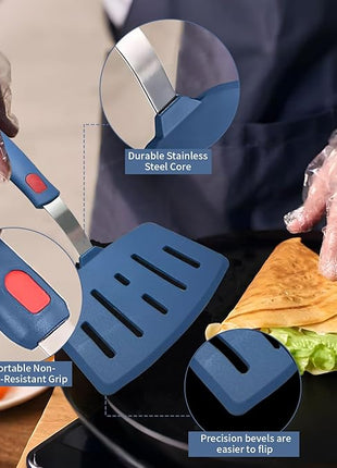 Silicone Spatula Turner, High Heat Resistant Rubber Baking Spatula, Non-Stick Slotted Wide Fish Slice Spatulas for Cooking, Large Kitchen Utensil for Pancake Omelette Egg - Hazy Blue