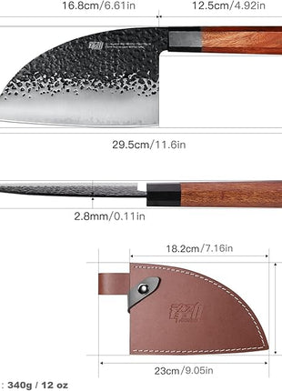 FINDKING Dynasty Series Serbian Chefs Knife with Leather Sheath, Heavy Duty Meat Cleaver, 9Cr18MoV High Carbon Steel Blade, African Rosewood Octagonal Handle, for Meat, Chicken Bones, 6.5 Inches