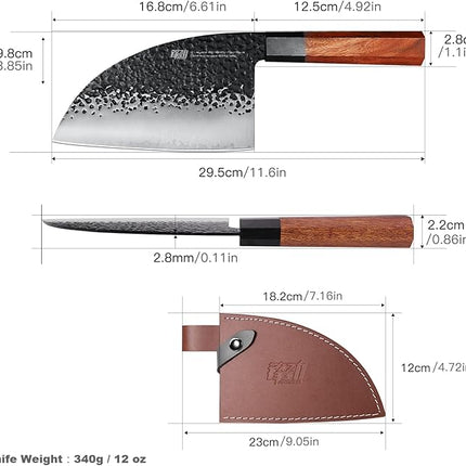 FINDKING Dynasty Series Serbian Chefs Knife with Leather Sheath, Heavy Duty Meat Cleaver, 9Cr18MoV High Carbon Steel Blade, African Rosewood Octagonal Handle, for Meat, Chicken Bones, 6.5 Inches