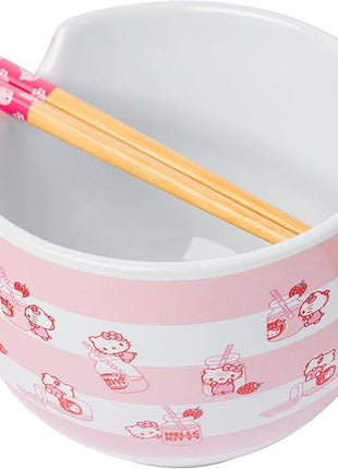 Silver Buffalo Sanrio Hello Kitty Strawberry Milk Pattern Ceramic Ramen Noodle Rice Bowl with Chopsticks, Microwave Safe, 20 Ounces