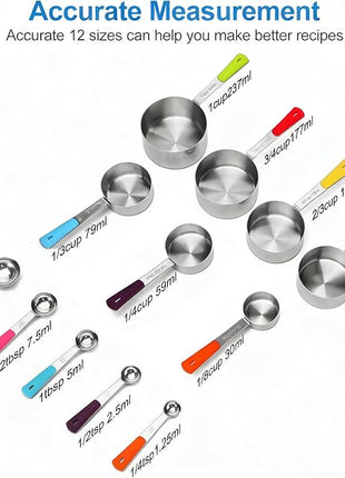 Measuring Cups and Spoons Set Stainless Steel 12 Piece for Cooking and Baking (7 Cups + 5 Spoons, Colorful Handles)