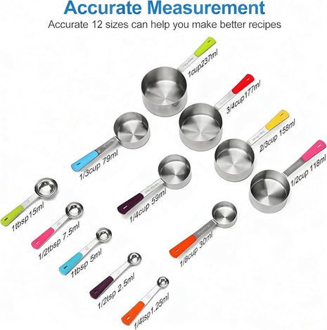 Measuring Cups and Spoons Set Stainless Steel 12 Piece for Cooking and Baking (7 Cups + 5 Spoons, Colorful Handles)