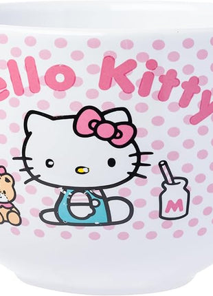 Silver Buffalo Sanrio Hello Kitty Pink Polka Dot Teddy and Strawberry Milk Ceramic Ramen Noodle Rice Bowl with Chopsticks and Spoon, Microwave Safe, 20 Ounces