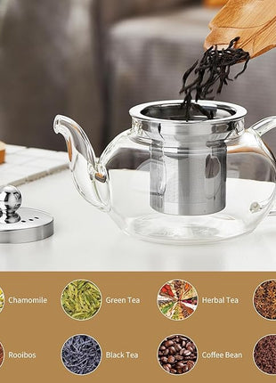 Glass Teapot Stovpetop Safe,20 oz/ 600 ml Stove Top & Microwave Safe Small Borosilicate Glass Kettle with Loose Leaf Tea Strainer For Flower Blooming Tea, Clear