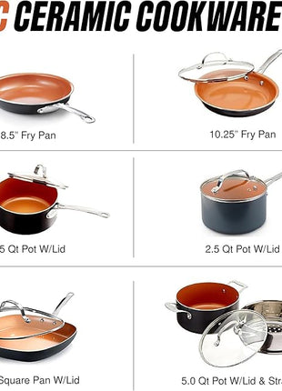 Gotham Steel 12 Pc Ceramic Cookware Set Nonstick, Ceramic Pots and Pans Set Non Stick with Steamer for Cooking, Non Toxic PFOA PFOS Free, Ergonomic Stay Cool Handles, Oven & Dishwasher Safe, Copper