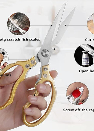 AWinjoy Kitchen Scissors, Heavy Duty Sharp Shears Dishwasher Safe, Kitchen Accessories Cooking Shears for Meat Chicken Fish Poultry Herb Bread (gold)