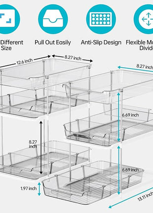 Delamu 2 Pack 3-Tier Bathroom Under Sink Organizers and Storage, Multi-Purpose Stackable Pantry Organization and Storage, Pull Out Clear Kitchen Bathroom Cabinet Organizer with Movable Dividers, Grey