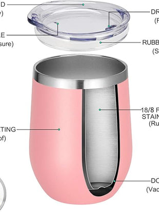 VEGOND Wine Tumblers Bulk 12 Pack, 12oz Stainless Steel Stemless Wine Glass with Lids and Straws, Double Wall Vacuum Insulated Tumbler Cup, Coffee Mug for Cold Hot Drinks