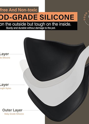 Silicone Cooking Utensils Set, Heat Resistance Large Kitchen Utensils Set with Long Wooden Handle, BPA-free Silicone Spatula, 6 Pcs Cooking Spoons for Non Stick Frying Pans and Pots（Black）