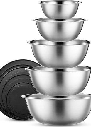 WHYSKO Stainless Steel Mixing Bowl Set, 10 Piece Stainless Steel Mixing Bowls with Lids Set for Food Prep Storage and Serving, Dishwasher Safe for Kitchen Baking Cooking, Silver