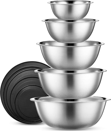 WHYSKO Stainless Steel Mixing Bowl Set, 10 Piece Stainless Steel Mixing Bowls with Lids Set for Food Prep Storage and Serving, Dishwasher Safe for Kitchen Baking Cooking, Silver