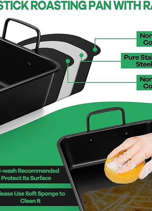 P&P CHEF 14" Roaster Roasting Pan with Baking Rack and V-shaped Rack, Stainless Steel Rectangular Lasagna Pan with Handles for Turkey Chicken, Healthy & Dishwasher Safe, 3 Pieces, Black