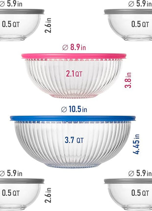 Set of 6 Stackable Space-Saving Nesting Glass Bowls with BPA Free Lids for Foodprep, Storage, Baking, Mixing & Cooking, Microwave Safe - Durable Inert Borosilicate Glass
