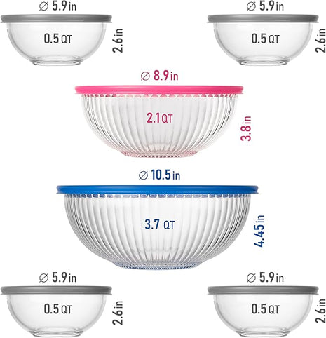 Set of 6 Stackable Space-Saving Nesting Glass Bowls with BPA Free Lids for Foodprep, Storage, Baking, Mixing & Cooking, Microwave Safe - Durable Inert Borosilicate Glass