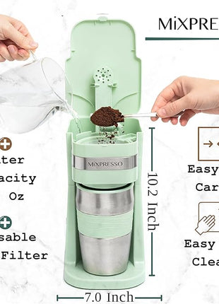 Mixpresso Green Personal Single Serve Coffee Maker with 14oz Travel Mug, Drip Small Coffee Maker with Auto Shut Off, Reusable Filter, Works with Ground Coffee Only – Not for K-Cup Pods