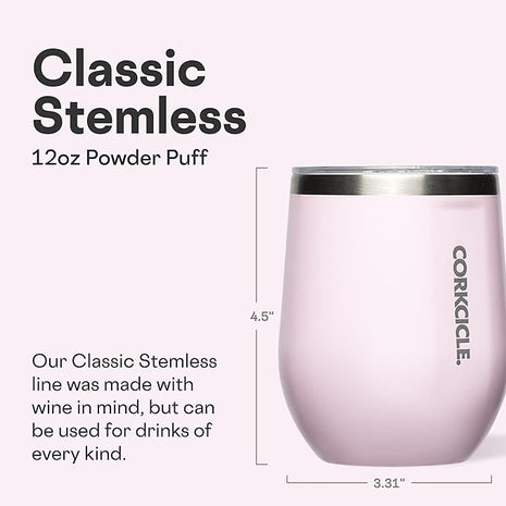 Corkcicle Stemless Wine Tumbler - Keeps Drinks Cold for 6 Hours - Triple-Insulated Stainless Steel - Non-Slip Base - Summer Drinkware Gift - Keeps Drinks Ice Cold - 12 oz - Powder Puff