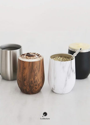 BALIBETOV 5 pcs large Yerba Mate Cup and Bombilla Kit, Includes one 12 oz Yerba Mate Gourd with Lid, Two Bombillas Mate Straw and one cleaning brush | Stainless steel | Double Walled