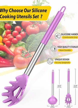 Silicone Pasta Fork and Ladle Spoon Set, Large Non Stick Kitchen Utensils for Cooking,Stirring,Serving Spaghetti, Soup, Sauce (PURPLE)