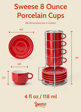 Sweese 8 Ounce Porcelain Stackable Cappuccino Cups with Saucers and Metal Stand - for Specialty Coffee Drinks, Cappuccino, Latte, Americano and Tea - Set of 4, Red