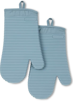 KITCHENAID Ribbed Soft Silicone Oven Mitt 2-Pack Set, 7.5"x13", Fog Blue