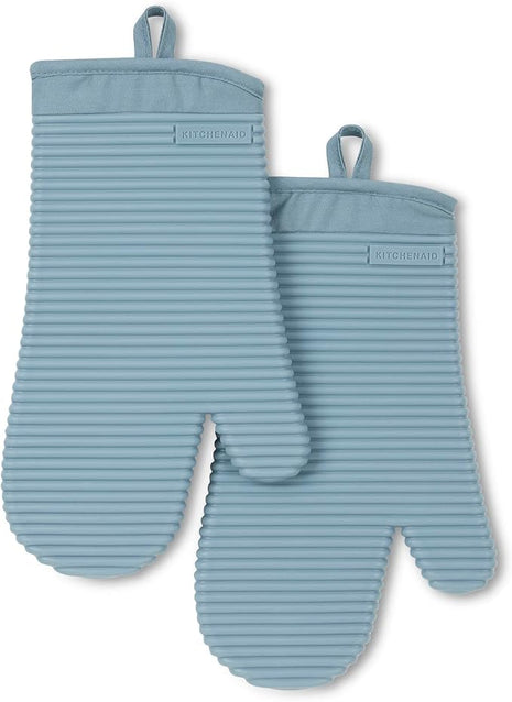 KITCHENAID Ribbed Soft Silicone Oven Mitt 2-Pack Set, 7.5"x13", Fog Blue