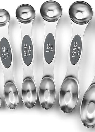 Spring Chef Stainless Steel Magnetic Measuring Spoons Set of 8 with Leveler, Dual Sided Metal Teaspoon & Tablespoon Measuring Spoons - Kitchen Gadgets For Baking and Cooking, Gray